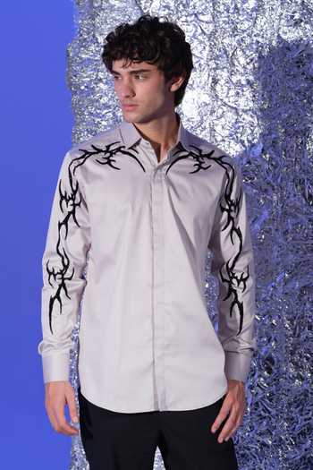 Buy_Sanjana Reddy Designs_Grey Cotton Gothik Placement Embroidered Shirt _at_Aza_Fashions