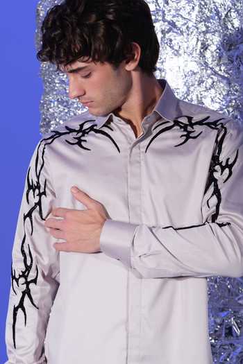 Buy_Sanjana Reddy Designs_Grey Cotton Gothik Placement Embroidered Shirt _Online_at_Aza_Fashions