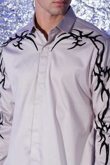 Shop_Sanjana Reddy Designs_Grey Cotton Gothik Placement Embroidered Shirt _Online_at_Aza_Fashions