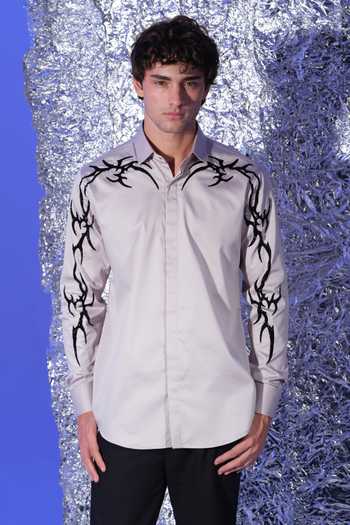 Shop_Sanjana Reddy Designs_Grey Cotton Gothik Placement Embroidered Shirt _at_Aza_Fashions