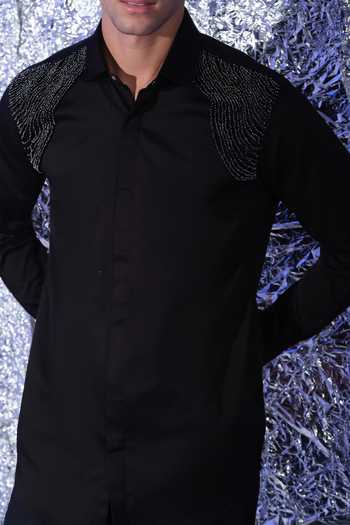 Sanjana Reddy Designs_Black Cotton 3d Embroidered Shirt _Online_at_Aza_Fashions
