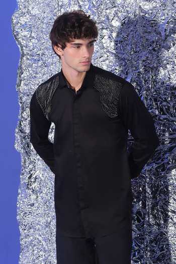 Buy_Sanjana Reddy Designs_Black Cotton 3d Embroidered Shirt _at_Aza_Fashions