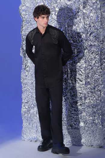 Shop_Sanjana Reddy Designs_Black Cotton 3d Embroidered Shirt _at_Aza_Fashions