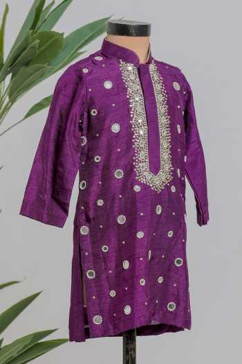 Lil Angels_Purple Silk Mirror Work Kurta _Online_at_Aza_Fashions