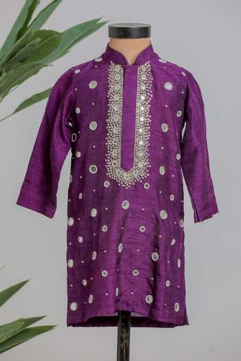 Buy_Lil Angels_Purple Silk Mirror Work Kurta _at_Aza_Fashions