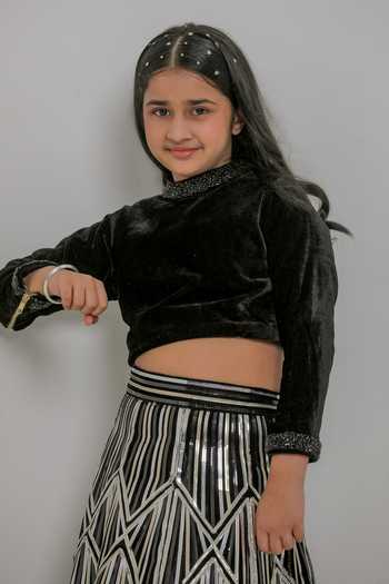 Lil Angels_Black Velvet, Silk Metallic Chrome Embellished Lehenga With Top _Online_at_Aza_Fashions