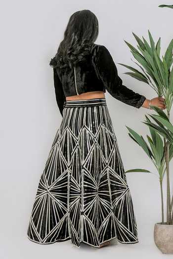 Shop_Lil Angels_Black Velvet, Silk Metallic Chrome Embellished Lehenga With Top _at_Aza_Fashions