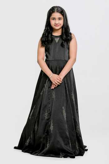 Lil Angels_Black Satin, Cotton, Net Sequins Emboidered Gown With Ruffle Drape _Online_at_Aza_Fashions