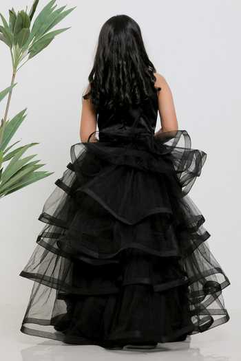 Shop_Lil Angels_Black Satin, Cotton, Net Sequins Emboidered Gown With Ruffle Drape _at_Aza_Fashions