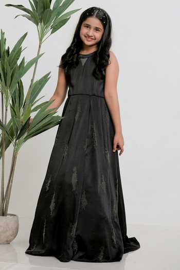 Buy_Lil Angels_Black Satin, Cotton, Net Sequins Emboidered Gown With Ruffle Drape _Online_at_Aza_Fashions