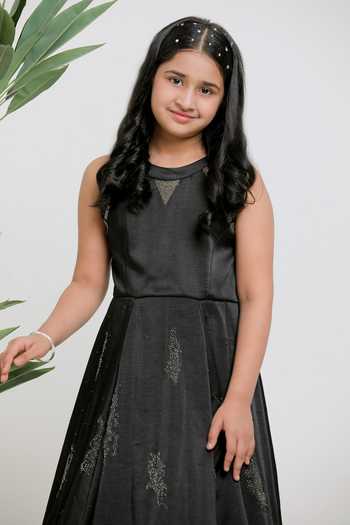 Shop_Lil Angels_Black Satin, Cotton, Net Sequins Emboidered Gown With Ruffle Drape _Online_at_Aza_Fashions