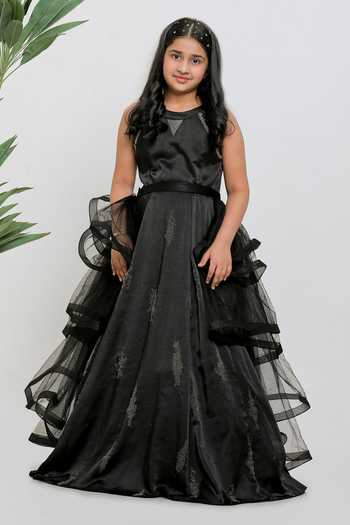 Buy_Lil Angels_Black Satin, Cotton, Net Sequins Emboidered Gown With Ruffle Drape _at_Aza_Fashions