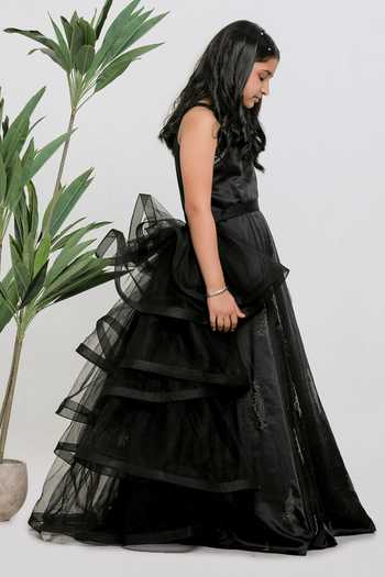 Lil Angels_Black Satin, Cotton, Net Sequins Emboidered Gown With Ruffle Drape _at_Aza_Fashions