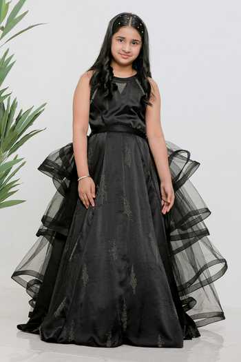 Buy_Lil Angels_Black Satin, Cotton, Net Sequins Emboidered Gown With Ruffle Drape 
