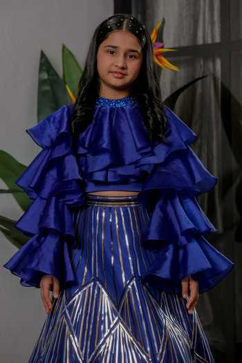 Lil Angels_Blue Satin, Silk Chrome Applique Work Lehenga And Top Set _Online_at_Aza_Fashions