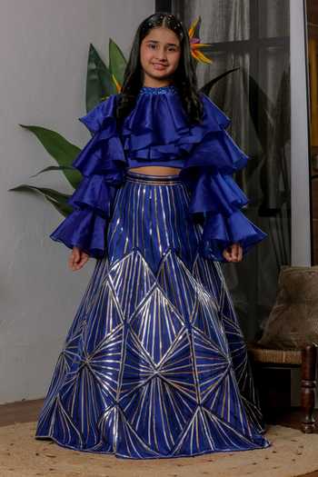 Buy_Lil Angels_Blue Satin, Silk Chrome Applique Work Lehenga And Top Set _at_Aza_Fashions