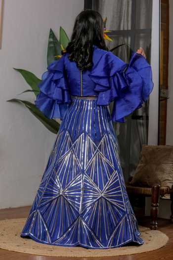 Shop_Lil Angels_Blue Satin, Silk Chrome Applique Work Lehenga And Top Set _at_Aza_Fashions