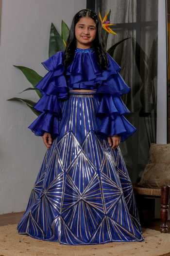 Buy_Lil Angels_Blue Satin, Silk Chrome Applique Work Lehenga And Top Set _Online_at_Aza_Fashions