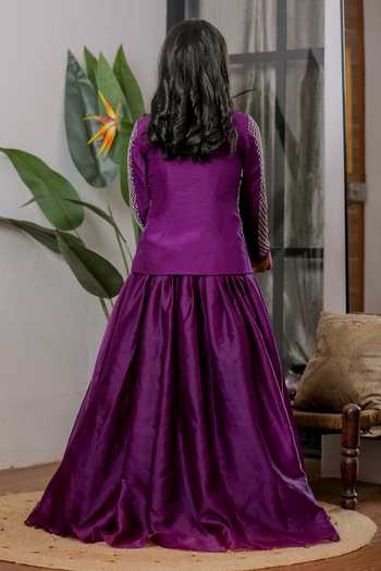 Shop_Lil Angels_Purple Velvet, Organza, Satin Hand Embroidered Jacket And Lehenga Set _at_Aza_Fashions