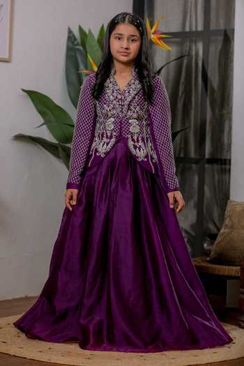 Buy_Lil Angels_Purple Velvet, Organza, Satin Hand Embroidered Jacket And Lehenga Set _at_Aza_Fashions