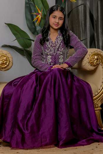 Lil Angels_Purple Velvet, Organza, Satin Hand Embroidered Jacket And Lehenga Set _Online_at_Aza_Fashions