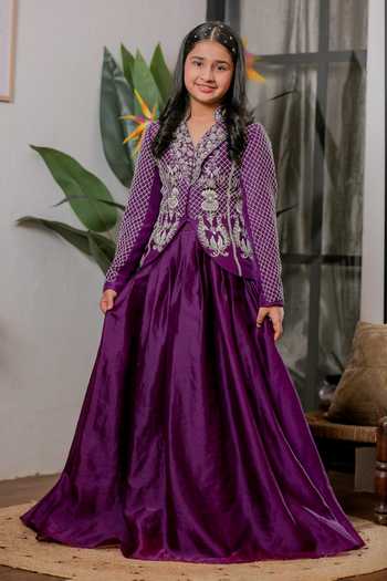 Buy_Lil Angels_Purple Velvet, Organza, Satin Hand Embroidered Jacket And Lehenga Set _Online_at_Aza_Fashions