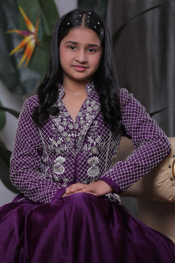 Shop_Lil Angels_Purple Velvet, Organza, Satin Hand Embroidered Jacket And Lehenga Set _Online_at_Aza_Fashions