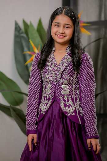 Lil Angels_Purple Velvet, Organza, Satin Hand Embroidered Jacket And Lehenga Set _at_Aza_Fashions