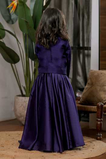 Shop_Lil Angels_Blue Velvet Hand Embroidered Jacket With Lehenga _at_Aza_Fashions