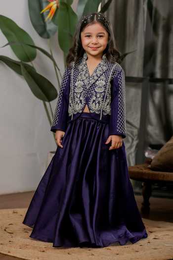 Buy_Lil Angels_Blue Velvet Hand Embroidered Jacket With Lehenga _at_Aza_Fashions