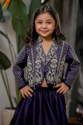 Lil Angels_Blue Velvet Hand Embroidered Jacket With Lehenga _Online_at_Aza_Fashions