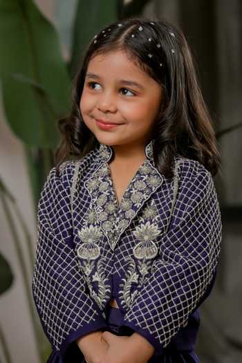Buy_Lil Angels_Blue Velvet Hand Embroidered Jacket With Lehenga _Online_at_Aza_Fashions
