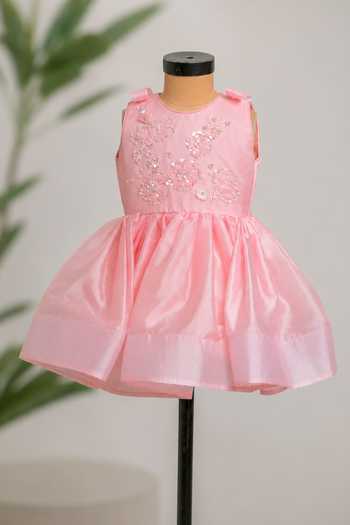 Lil Angels_Peach Cotton, Organza, Satin Short Embroidered Dress _Online_at_Aza_Fashions
