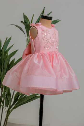 Buy_Lil Angels_Peach Cotton, Organza, Satin Short Embroidered Dress _Online_at_Aza_Fashions