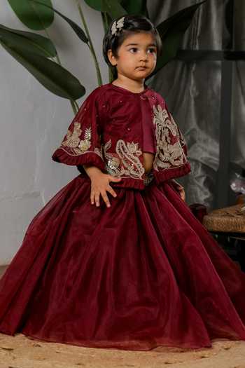 Lil Angels_Wine Satin, Organza Embroidered Cape Skirt Set _Online_at_Aza_Fashions