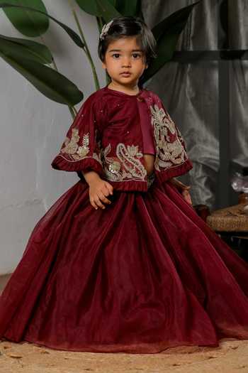Buy_Lil Angels_Wine Satin, Organza Embroidered Cape Skirt Set _at_Aza_Fashions