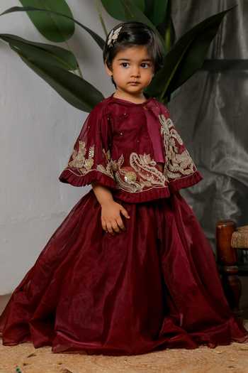 Buy_Lil Angels_Wine Satin, Organza Embroidered Cape Skirt Set _Online_at_Aza_Fashions