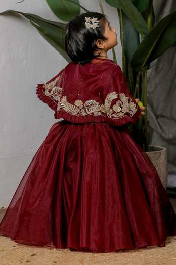 Shop_Lil Angels_Wine Satin, Organza Embroidered Cape Skirt Set _at_Aza_Fashions