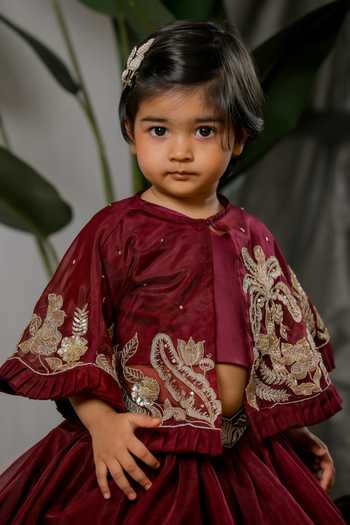 Shop_Lil Angels_Wine Satin, Organza Embroidered Cape Skirt Set _Online_at_Aza_Fashions