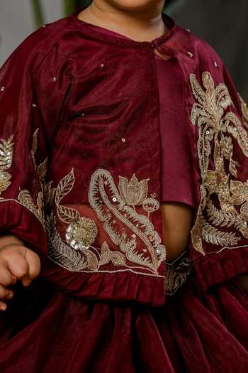Lil Angels_Wine Satin, Organza Embroidered Cape Skirt Set _at_Aza_Fashions