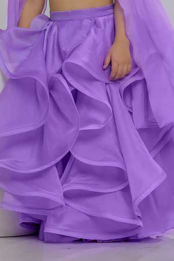Lil Angels_Purple Silk, Organza Butterfly Embroidered Blouse And Skirt Set _Online_at_Aza_Fashions