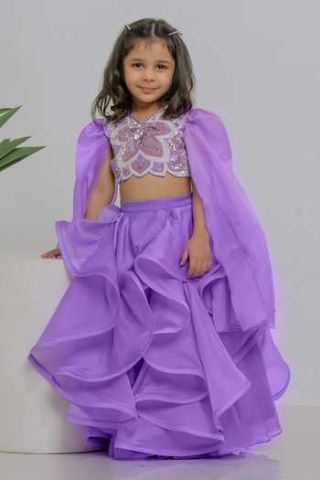 Buy_Lil Angels_Purple Silk, Organza Butterfly Embroidered Blouse And Skirt Set _Online_at_Aza_Fashions