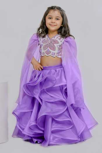 Buy_Lil Angels_Purple Silk, Organza Butterfly Embroidered Blouse And Skirt Set _at_Aza_Fashions