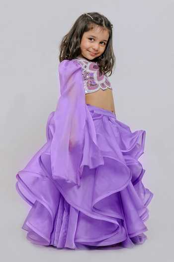 Shop_Lil Angels_Purple Silk, Organza Butterfly Embroidered Blouse And Skirt Set _at_Aza_Fashions