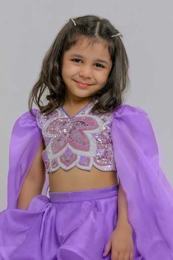 Shop_Lil Angels_Purple Silk, Organza Butterfly Embroidered Blouse And Skirt Set _Online_at_Aza_Fashions