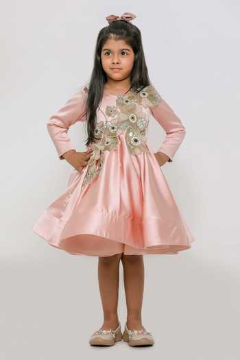 Lil Angels_Peach Satin, Net, Cotton Cutdana Flower Embroidered Dress _Online_at_Aza_Fashions