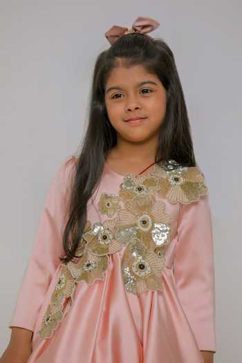 Buy_Lil Angels_Peach Satin, Net, Cotton Cutdana Flower Embroidered Dress _Online_at_Aza_Fashions