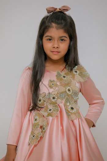 Shop_Lil Angels_Peach Satin, Net, Cotton Cutdana Flower Embroidered Dress _Online_at_Aza_Fashions
