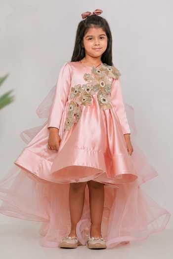 Buy_Lil Angels_Peach Satin, Net, Cotton Cutdana Flower Embroidered Dress _at_Aza_Fashions