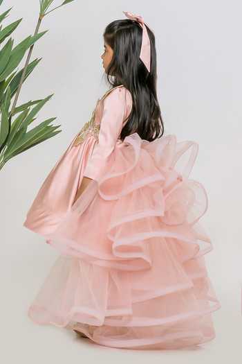 Shop_Lil Angels_Peach Satin, Net, Cotton Cutdana Flower Embroidered Dress _at_Aza_Fashions